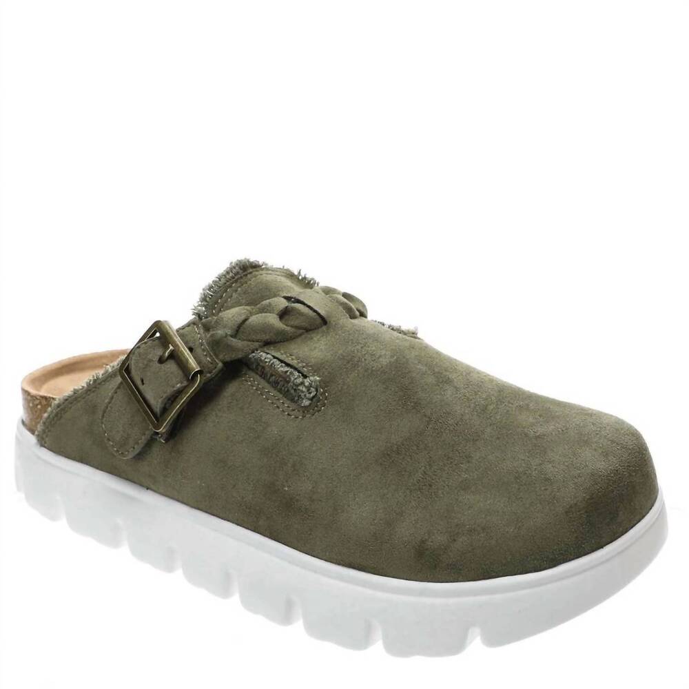 NEW VERY G women's cali braided buckle faux suede clogs in olive green